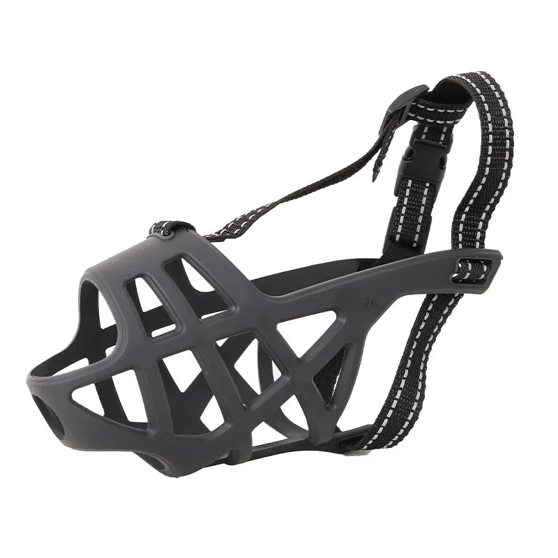 A black breathable basket dog muzzle with a padded strap for safe chewing control.