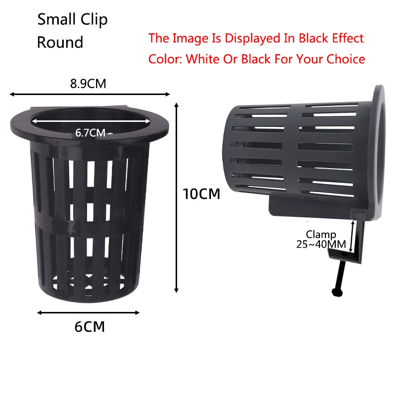 A black small round clip basket with a slotted design and a clamp for wall mounting.