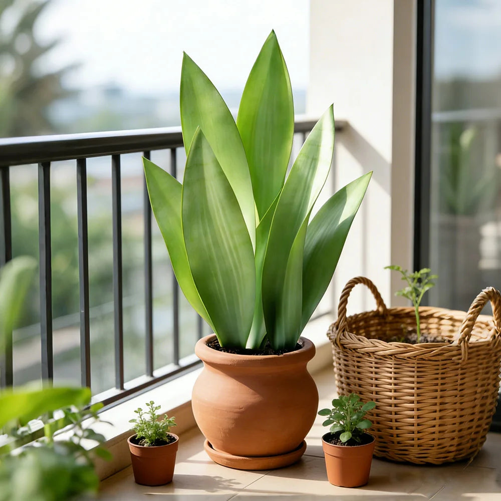 A potted artificial snake plant with long green leaves sits on a windowsill next to a woven basket.