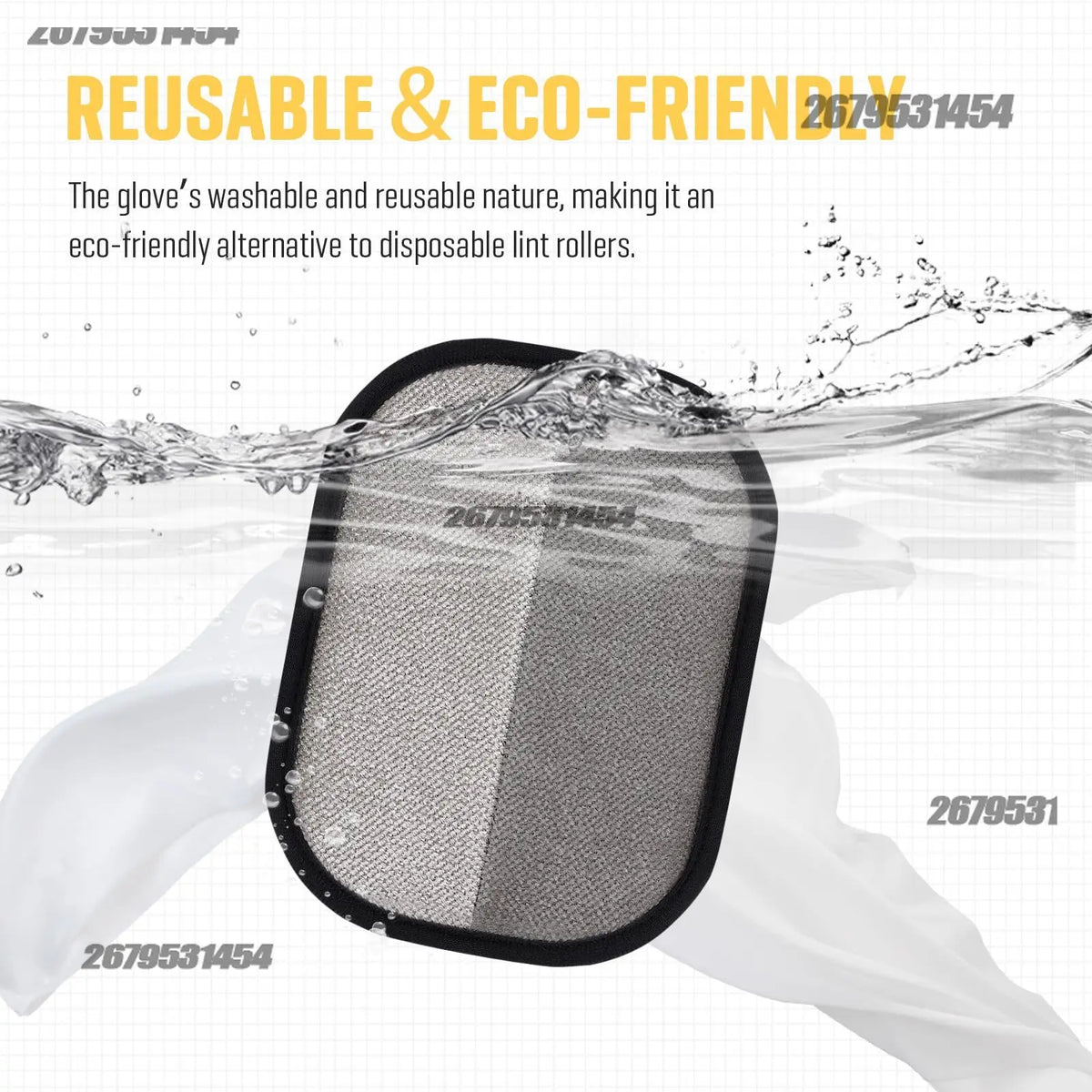A reusable pet hair removal glove being washed in water, demonstrating its eco-friendly nature.