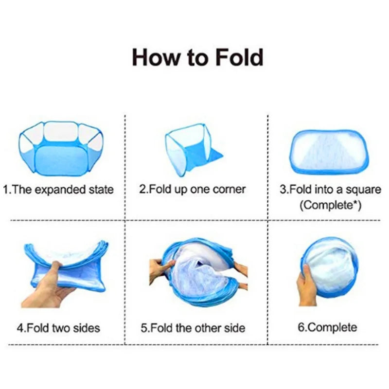 Instructions showing how to fold a transparent pet playpen for small animals into a square shape.