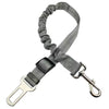 Gray adjustable dog car safety belt with a reflective strip and shock-absorbing bungee