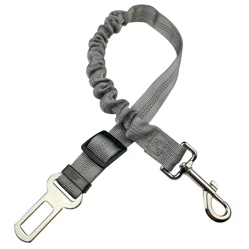 Gray adjustable dog car safety belt with a reflective strip and shock-absorbing bungee