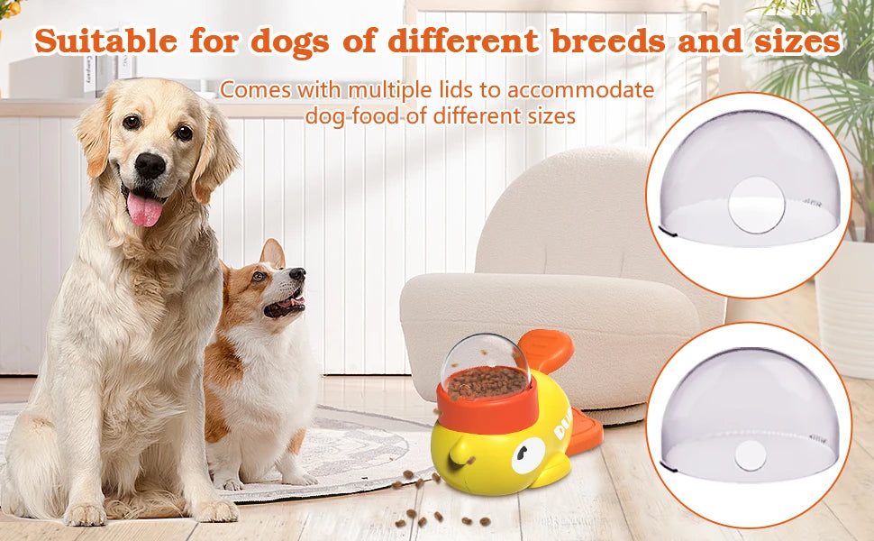 A yellow interactive treat dispenser for dogs is shown next to a golden retriever and a small dog, with various lids displaye