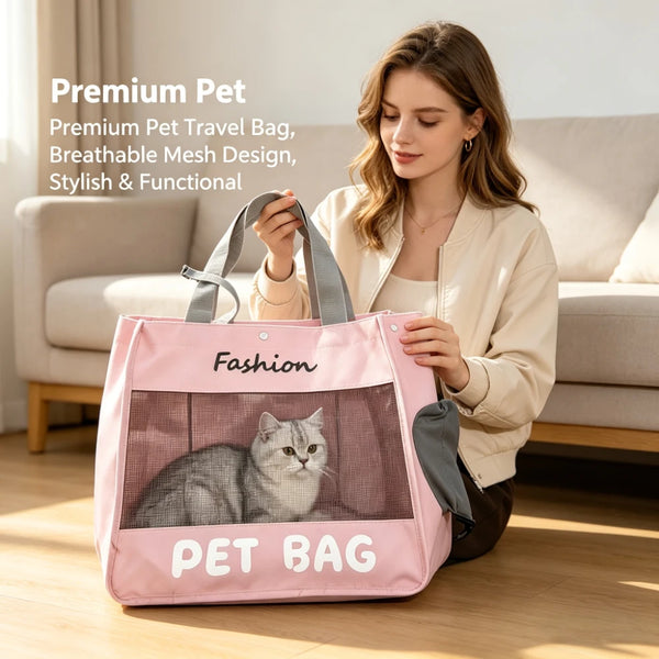 A woman holds a pink breathable mesh pet travel bag with a cat inside, demonstrating the stylish and functional pet carrier.