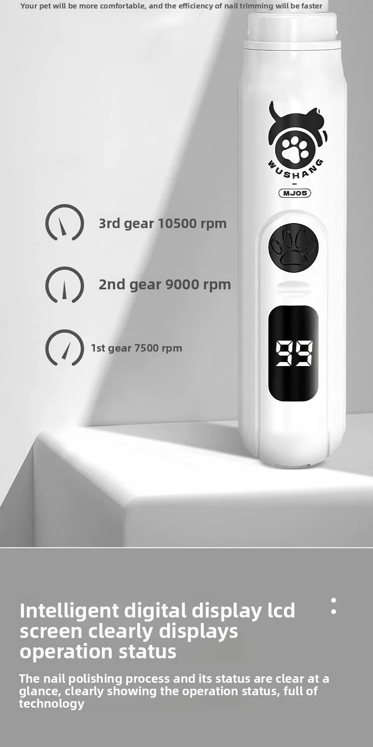 A white electric nail grinder with a digital display showing 99 and gear settings for pet nails.