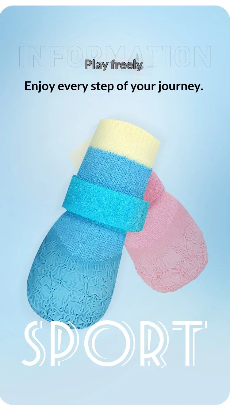 A set of three colorful waterproof anti-slip dog boots in blue, yellow, and pink.