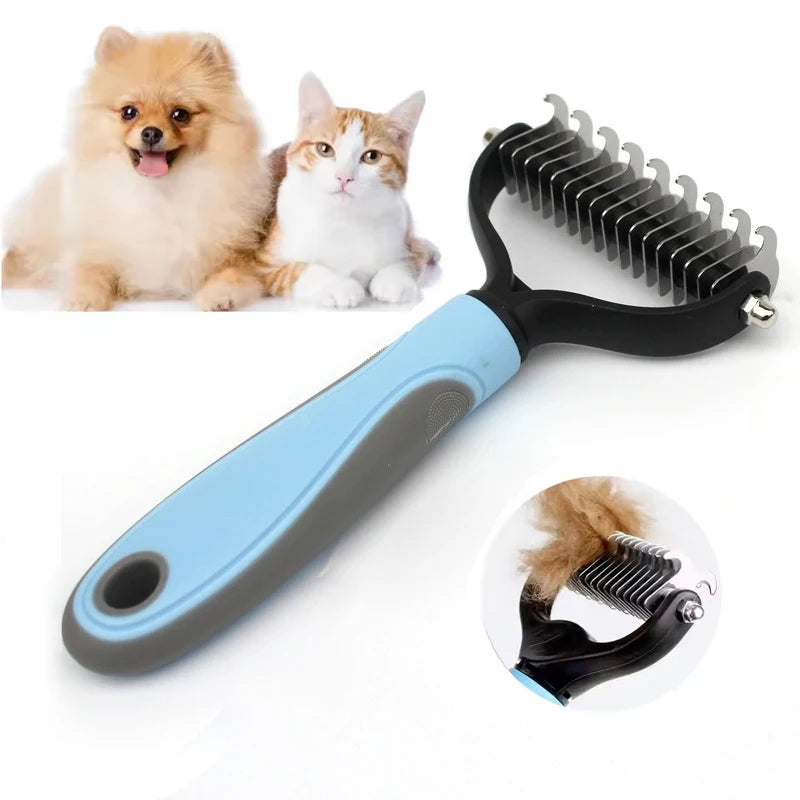 A black pet deshedding brush with a light blue handle, shown next to two fluffy dogs.