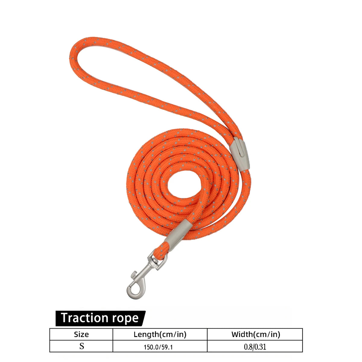 Orange reflective nylon traction rope leash with a quick-release clip and size specifications