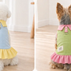 A fluffy white dog wearing a yellow cartoon dress with a ruffled hem.