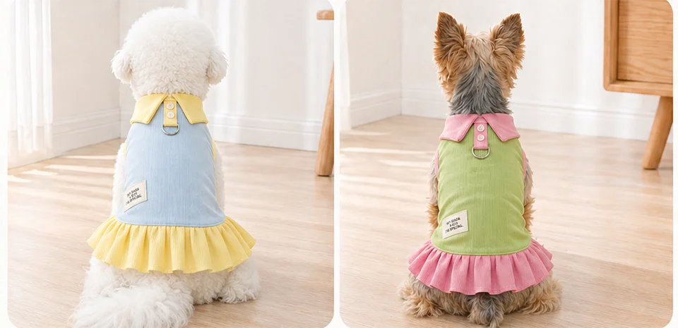 A fluffy white dog wearing a yellow cartoon dress with a ruffled hem.
