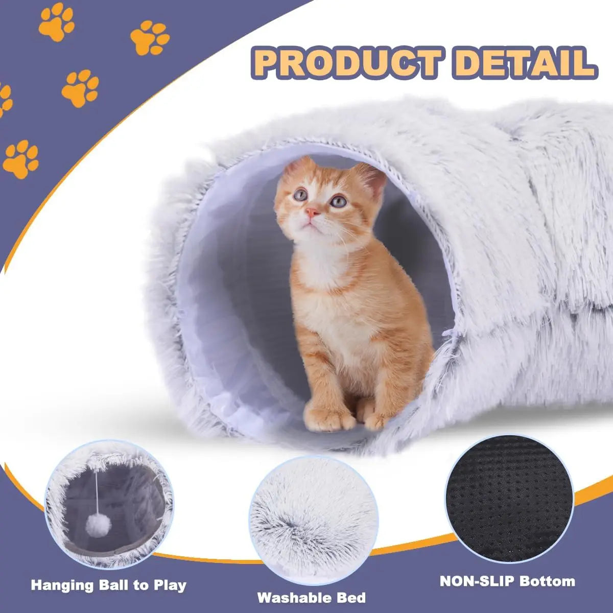 A fluffy white cat tunnel bed with a cat inside, showing features like a hanging ball and non-slip bottom.