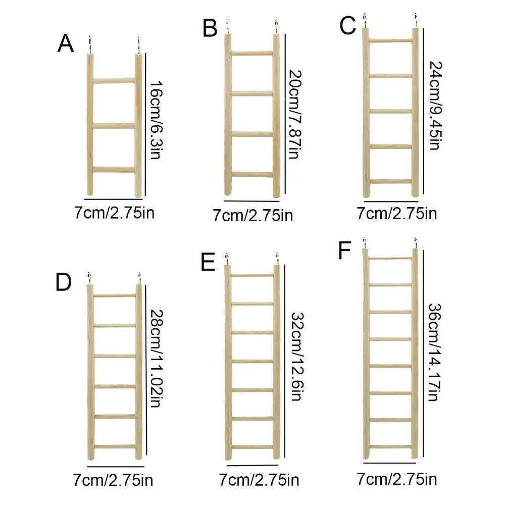 A set of wooden bird ladders with hooks for climbing and perching shown in various configurations.
