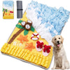 A yellow pet sniffing mat with various toys, including a brush, a gray mat, and orange star shapes for dog training.