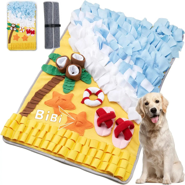 A yellow pet sniffing mat with various toys, including a brush, a gray mat, and orange star shapes for dog training.