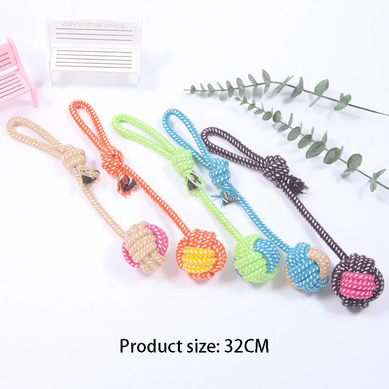 A collection of colorful, braided cotton rope dog chew toys with various knots and textures.