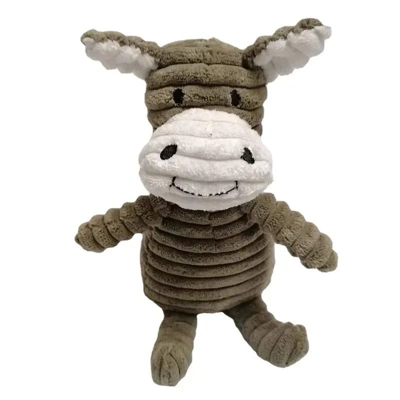 A plush toy of a dog with gray fur and white accents, designed as a squeaky toy.