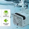 A white replacement pump is shown submerged in clear water, demonstrating its waterproof and low-consumption features.