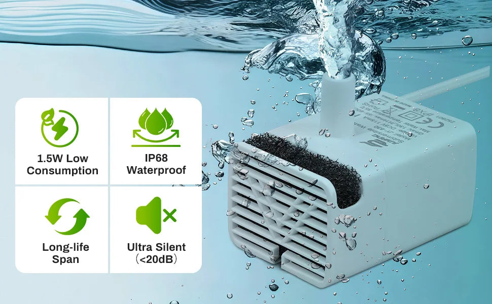 A white replacement pump is shown submerged in clear water, demonstrating its waterproof and low-consumption features.