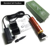 A professional corded pet clipper set including a clipper, power cord, and accessories in a green toolbox.