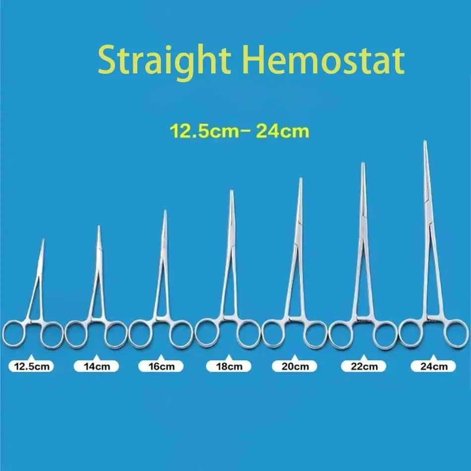 A set of straight hemostats in stainless steel showing various lengths from 12.5cm to 24cm.