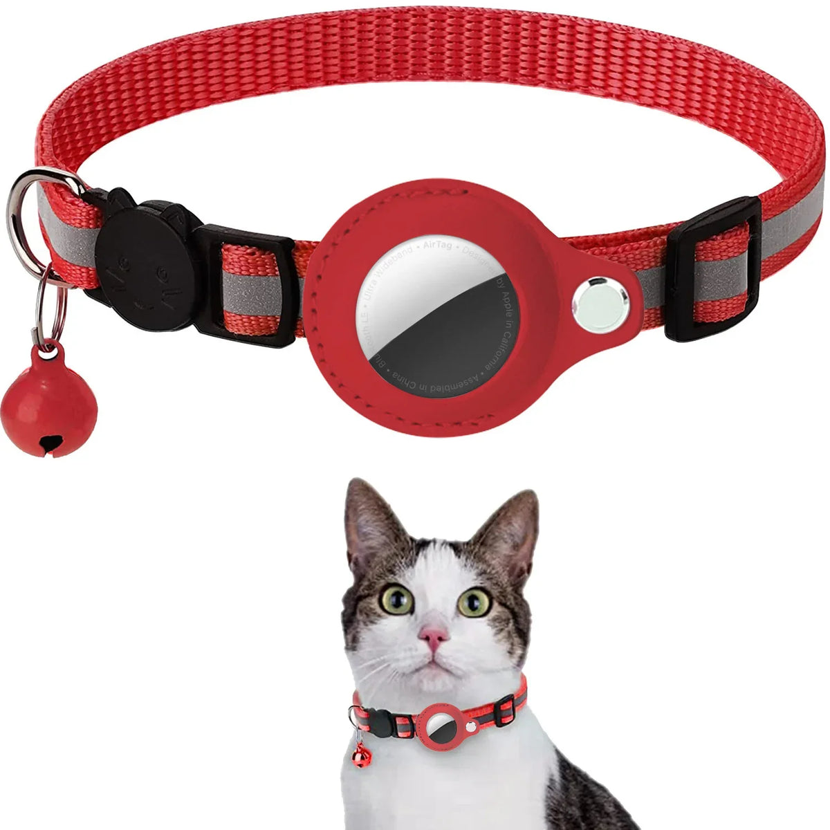 A red woven collar with a silver AirTag holder and black breakaway buckle, shown next to a cat.