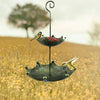 Antique umbrella bird feeder with a bath bowl suspended from a metal pole in a field of yellow wildflowers.