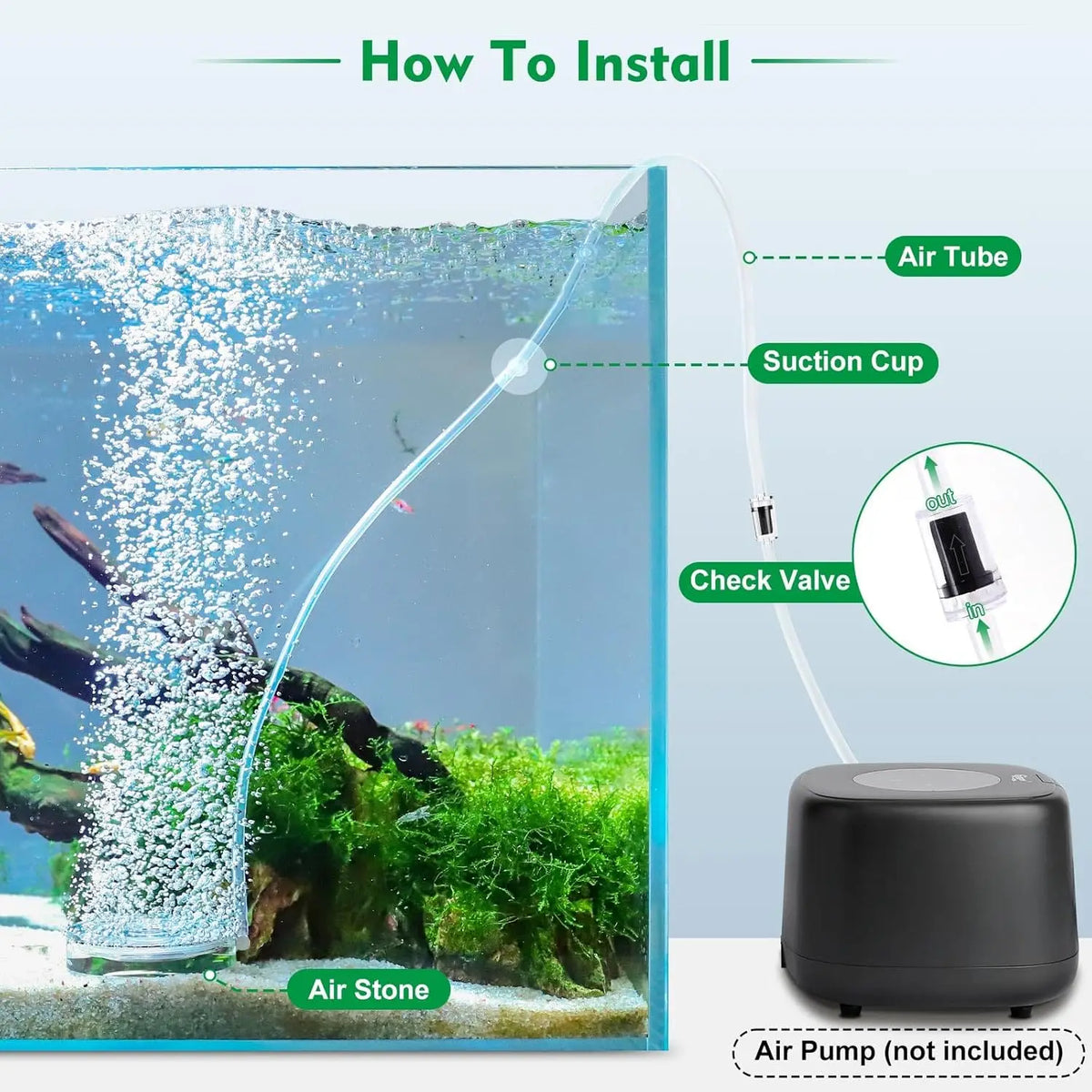 Diagram showing how to install an air tube and suction cup for acrylic fish tank air stones.