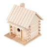 A wooden birdhouse with a pitched roof and side slats is shown on a base.