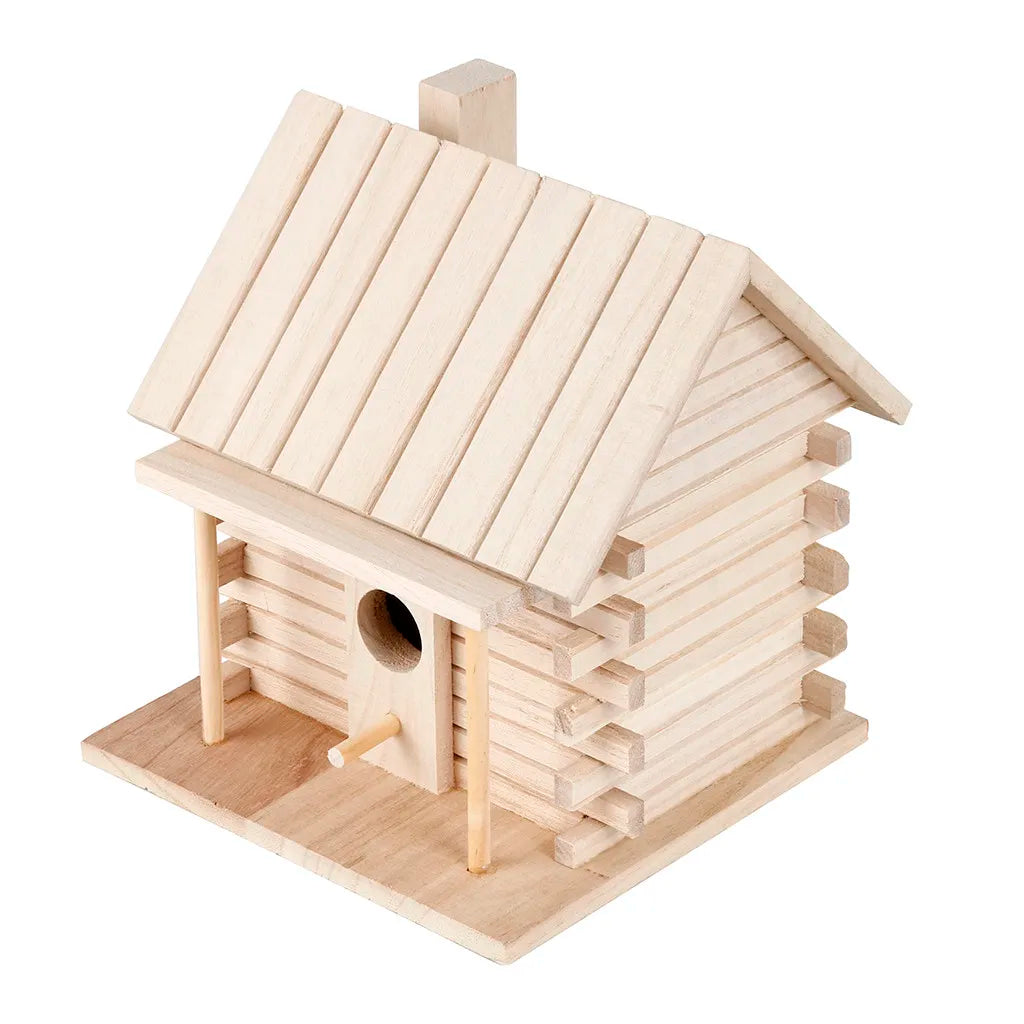 A wooden birdhouse with a pitched roof and side slats is shown on a base.