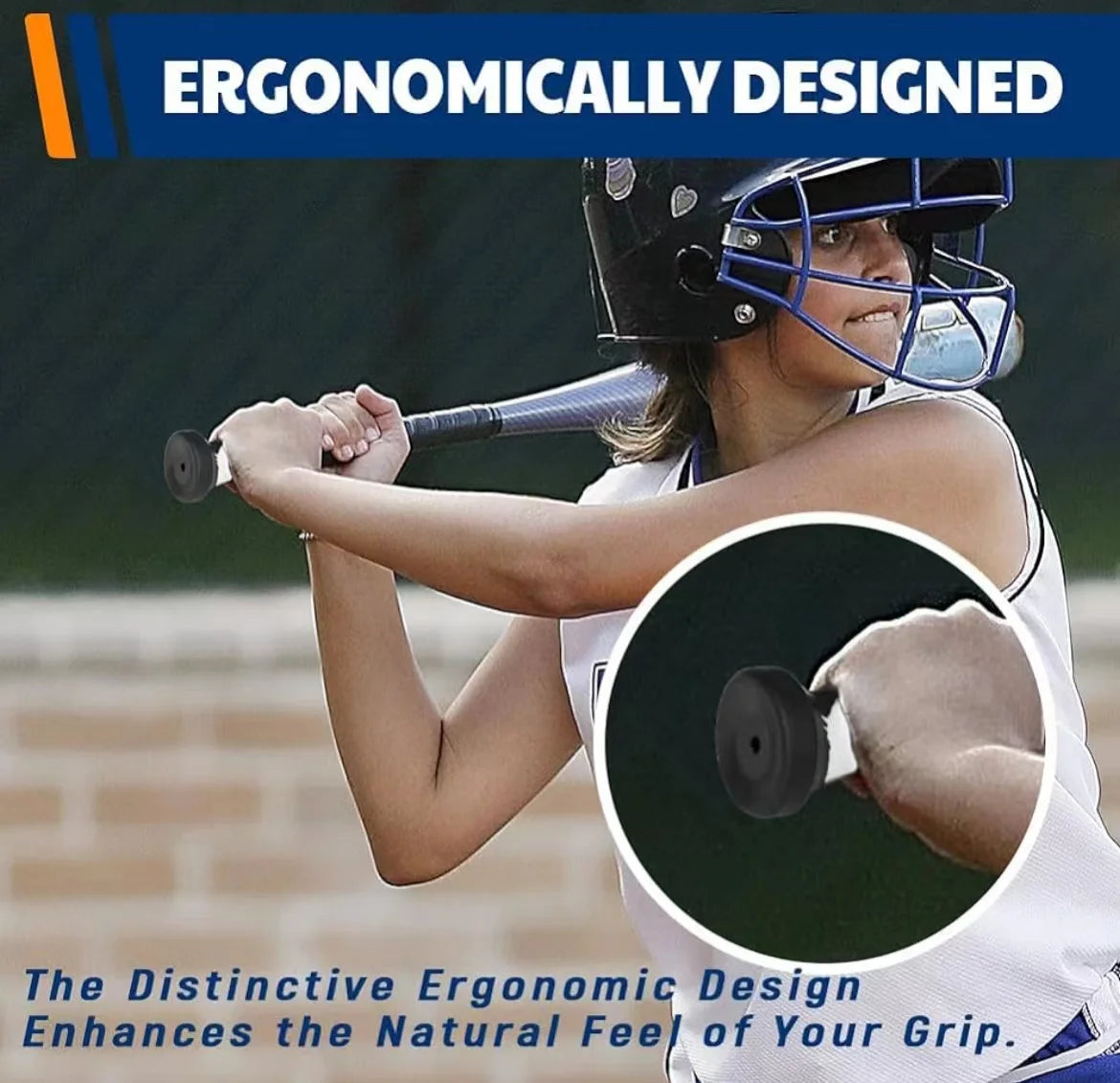 A female baseball player grips a bat, highlighting the distinctive ergonomic design of the silicone grip knobs.