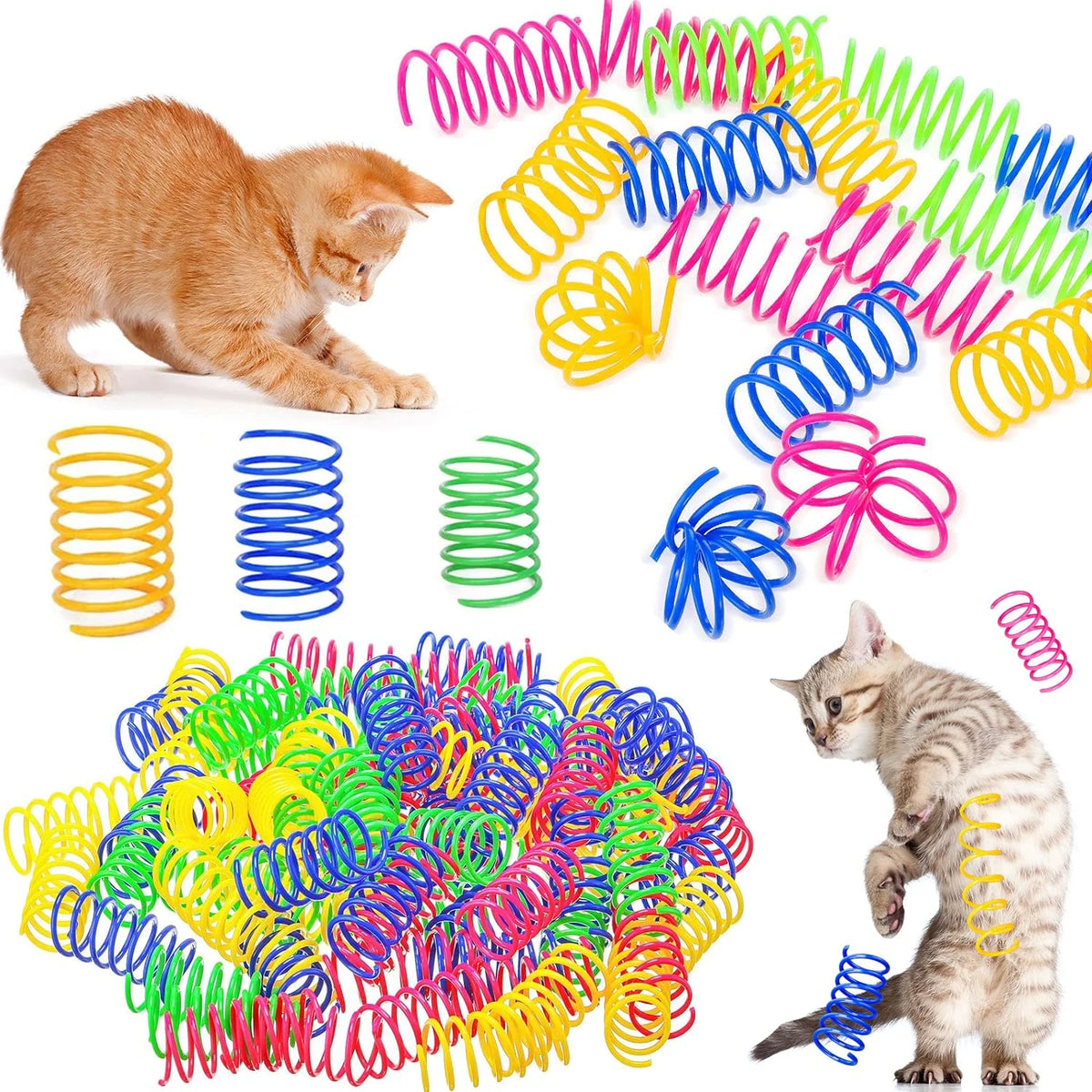 Eine Sammlung farbenfroher interaktiver Katzenfederspielzeuge, darunter ein Kätzchen und eine tabby-Katze, die mit den Federn