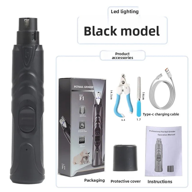 Black model of a rechargeable pet nail grinder with accessories and instructions
