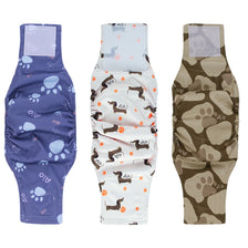 Three reusable pet belly bands for dogs in various patterns and colors