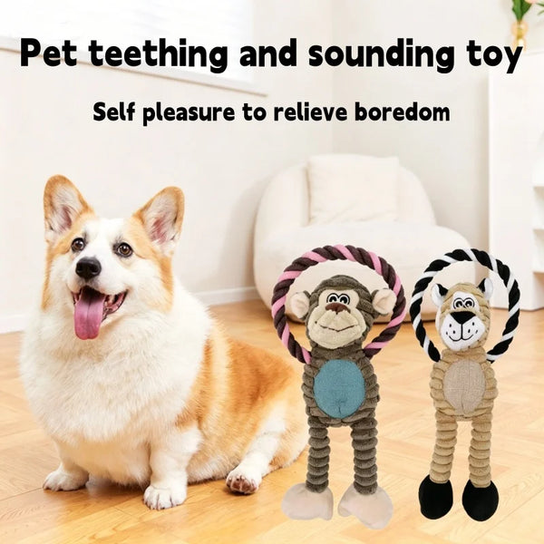 A fluffy dog is sitting next to a plush bone dog squeaky chew toy for pet teething and sound relief.