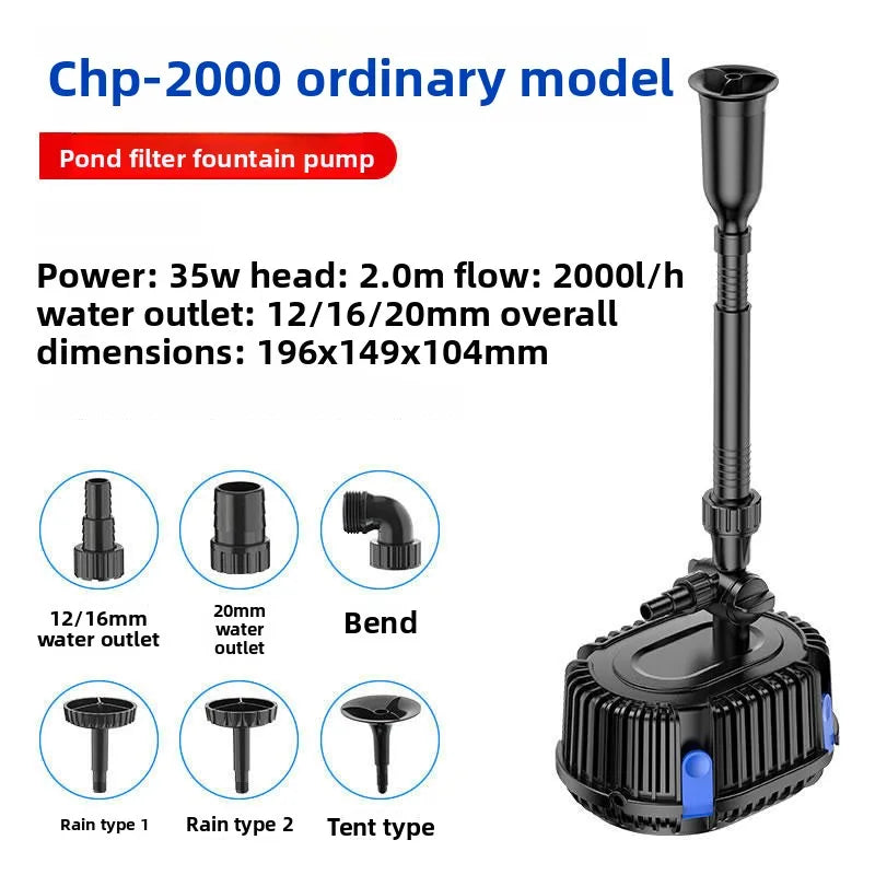 Pompe de filtre pour bassin Chp-2000 avec diverses sorties : pluie, tente et buses incurvées