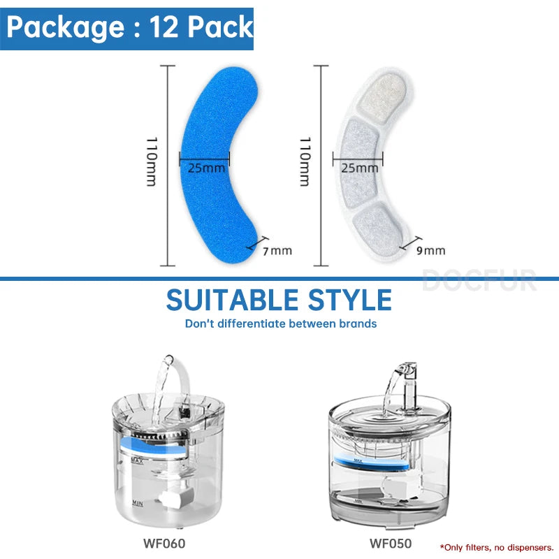 Replacement filters for pet water fountains shown in various styles and sizes