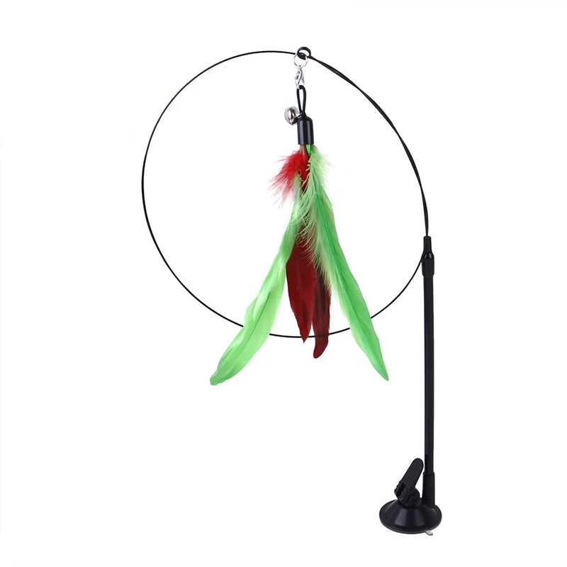 Interactive cat teaser wand featuring a feather bird and bell on a black handle.
