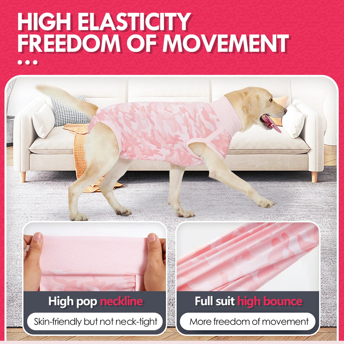 A light pink dog suit with a high pop neckline and full suit high bounce for recovery.