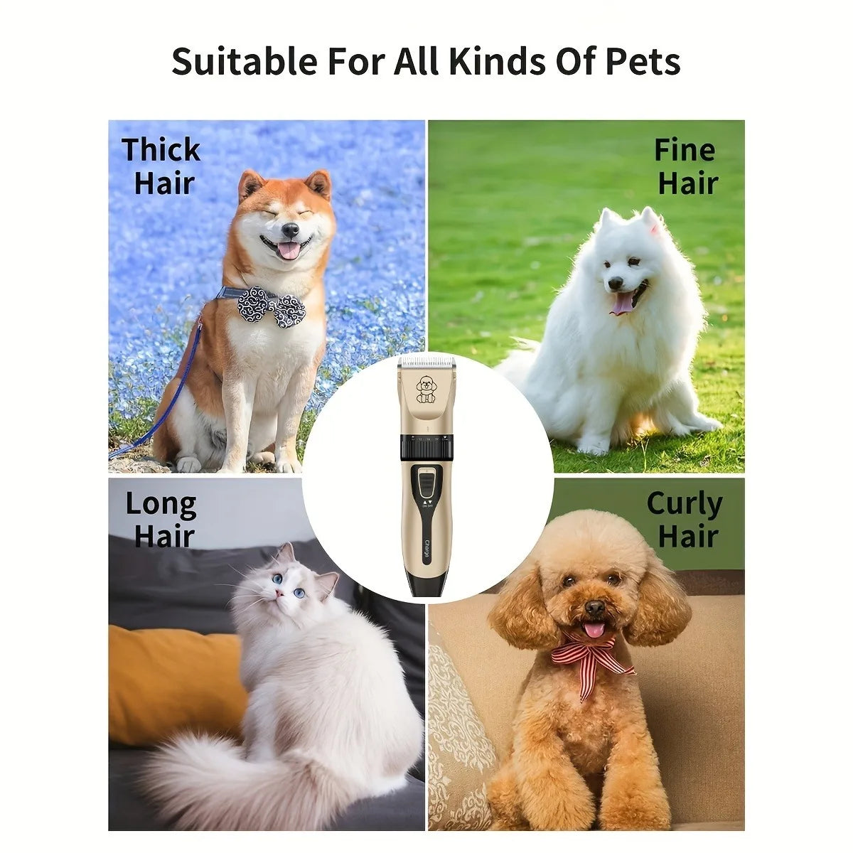 A cordless pet grooming trimmer is shown with various pets, including a dog and cats of different hair types.
