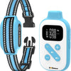 A white DogLinsen collar with a blue patterned strap and a black remote control for dog training.