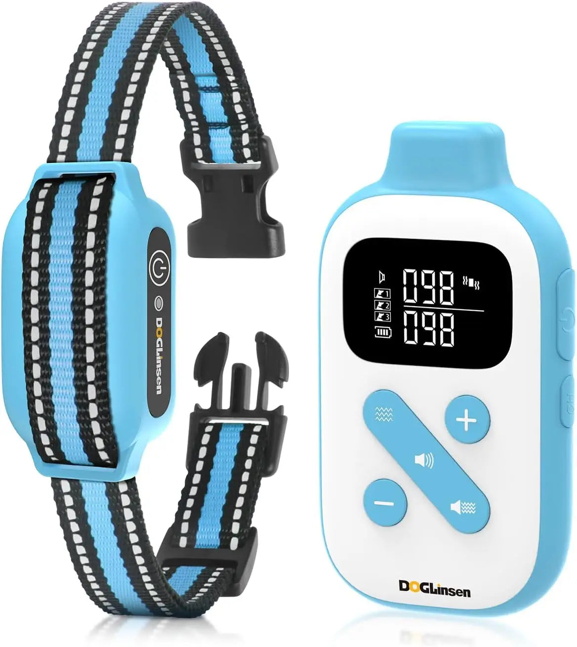 A white DogLinsen collar with a blue patterned strap and a black remote control for dog training.