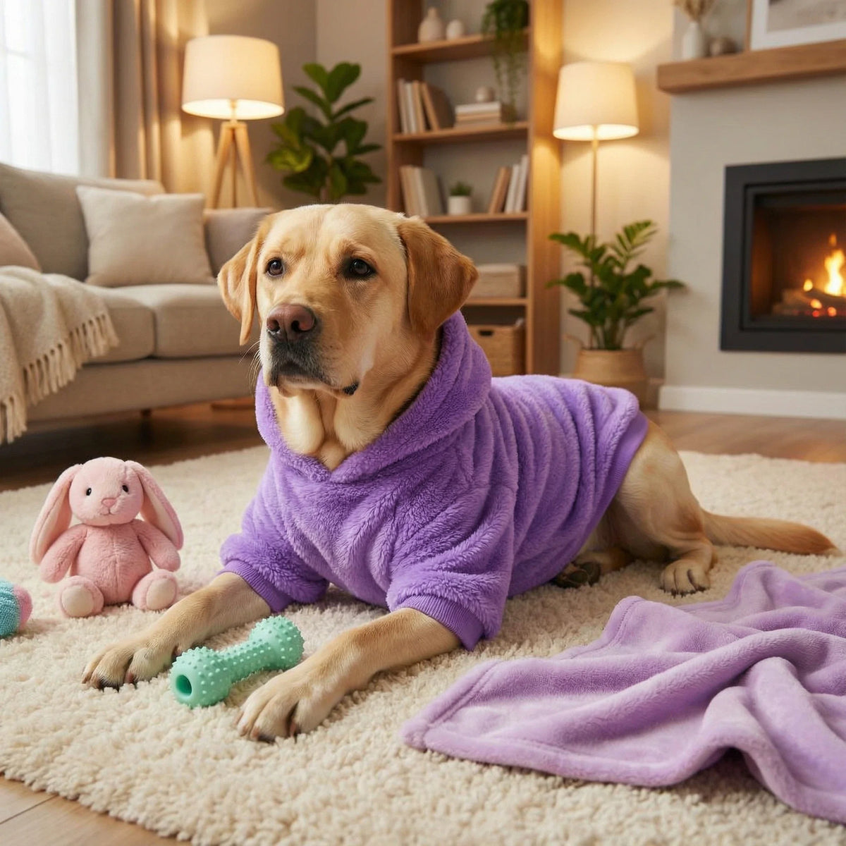 Ein goldener Labradorhund in einem lila Fleece-Mantel entspannt auf einem cremefarbenen Teppich.