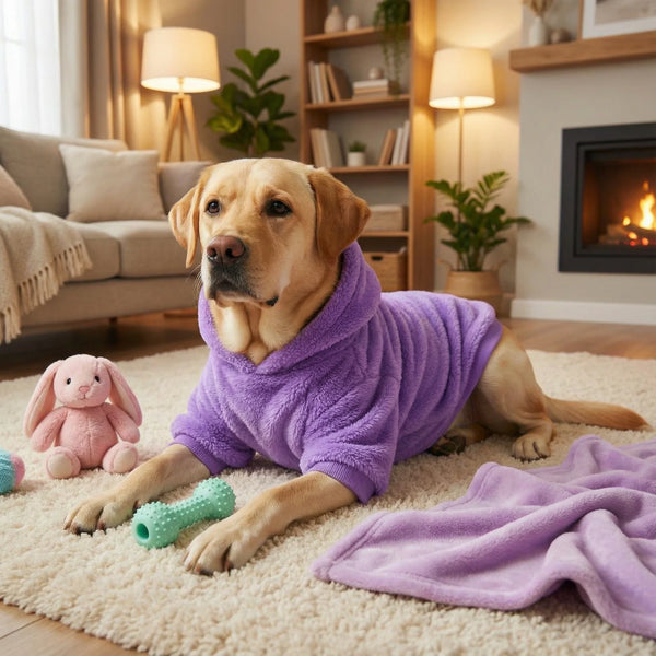 A golden Labrador dog wearing a purple fleece coat relaxing on a cream rug.