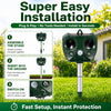 A green solar ultrasonic animal repeller stake with a motion sensor is shown in a grassy outdoor setting.