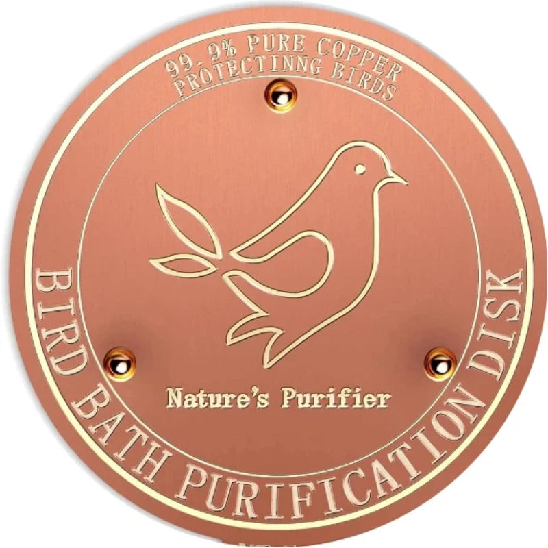 A round copper disc for bird bath purification featuring a silhouette of a bird.