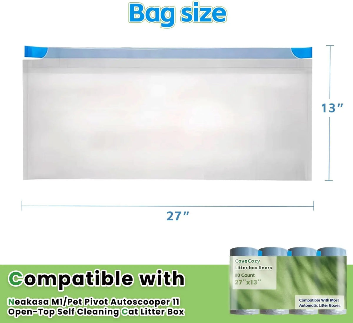 Bag size diagram showing the dimensions of a bag and compatible litter box liners.