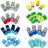 A pack of four anti-slip pet socks in various colors and patterns for dog and cat protection.