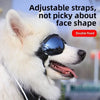 A white dog wearing black adjustable anti-glare sunglasses with a double fixed strap.