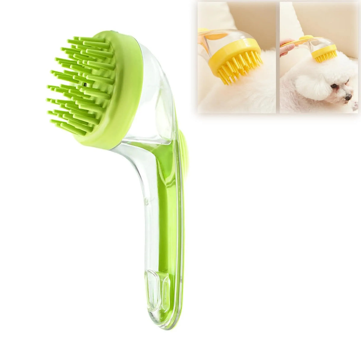 A green silicone pet bath brush with a dispenser is shown next to examples of it being used on a white dog.